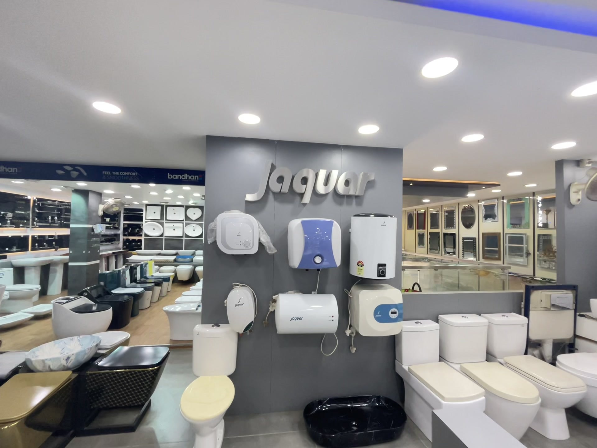 The Jaquar counter at Om Sri Balaji — branded wall with water heaters and water closets on display