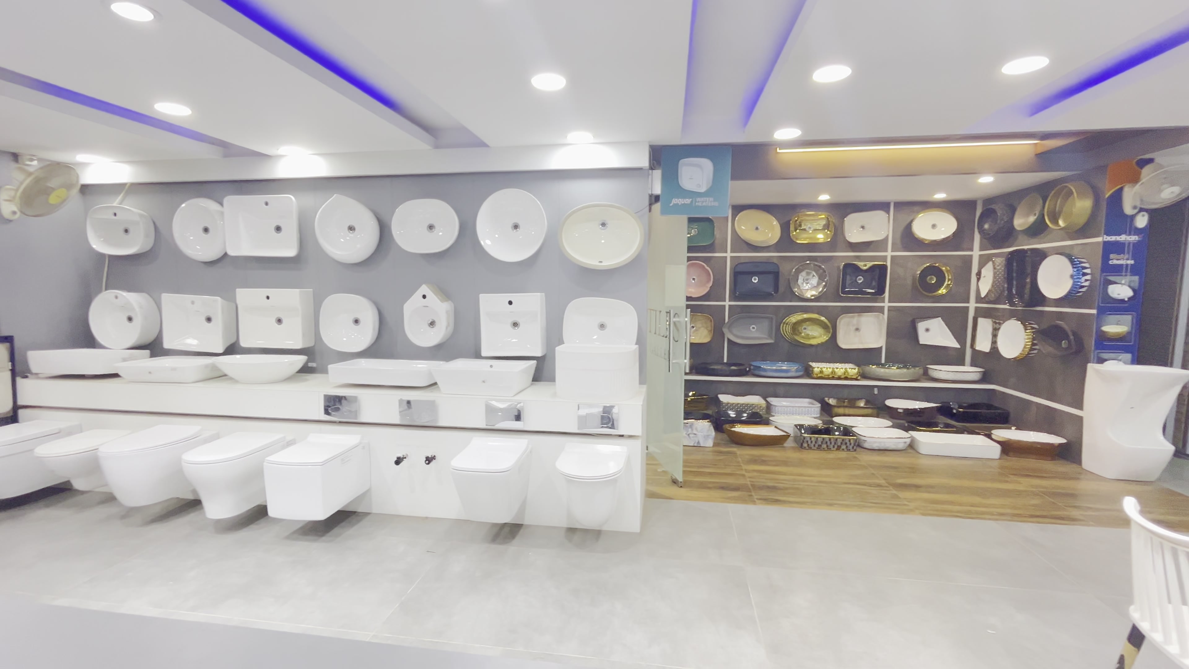 Wall of water closets and wash basins on the sanitaryware floor